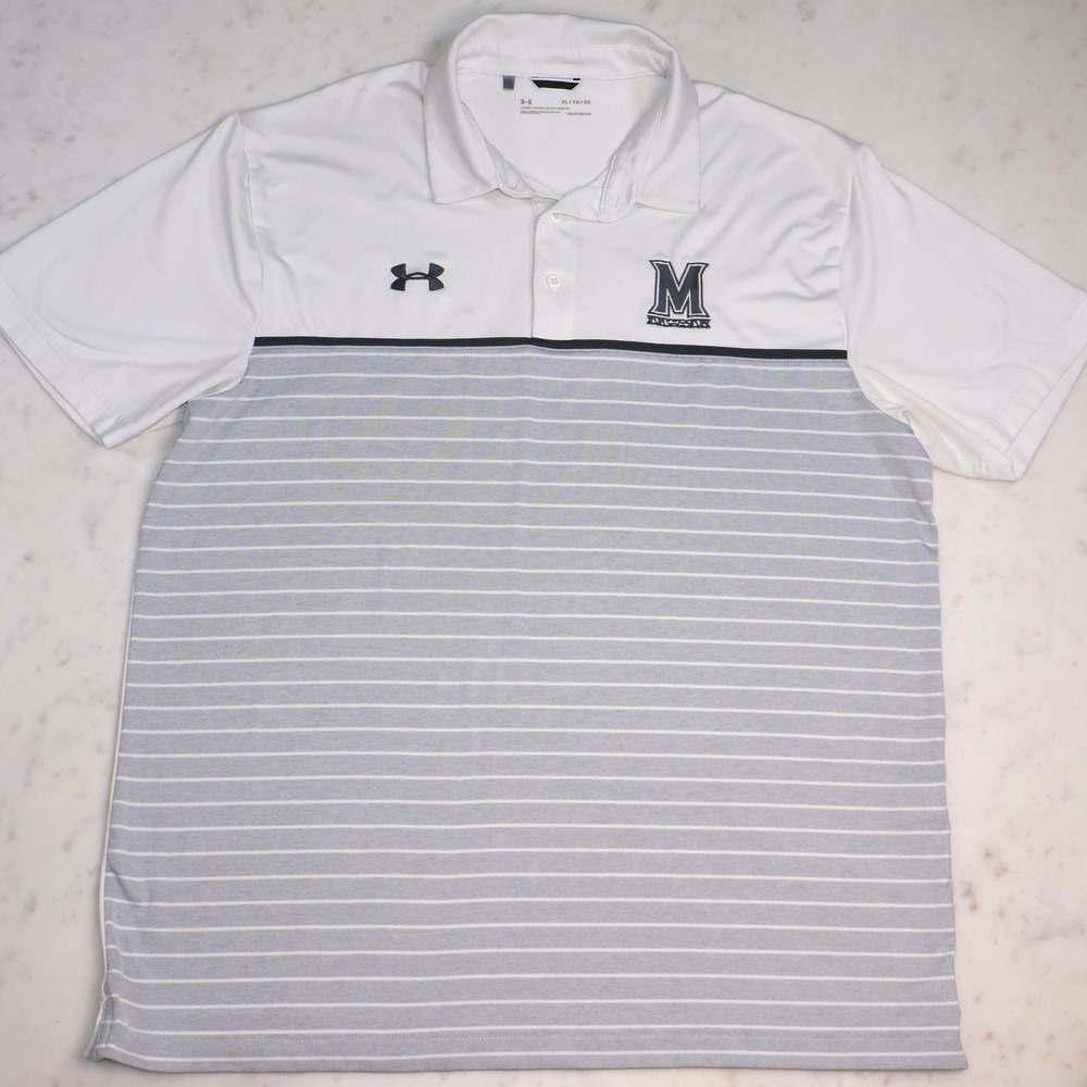 Under Armour Maryland UMD XL White Gray Striped Collegiate M Logo Polo Shirt - Picture 2 of 8